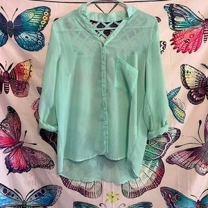 Sheer Sea Foam Green Button Up shirt with lattice cut weaving